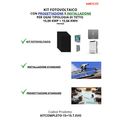 KIT 15,00 kWp + 15,66 kWh Fotovoltaico TRIFASE "CHIAVI IN MANO"