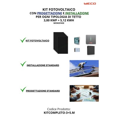 KIT 3,00 kWp + 5,12 kWh Fotovoltaico MONOFASE "CHIAVI IN MANO"