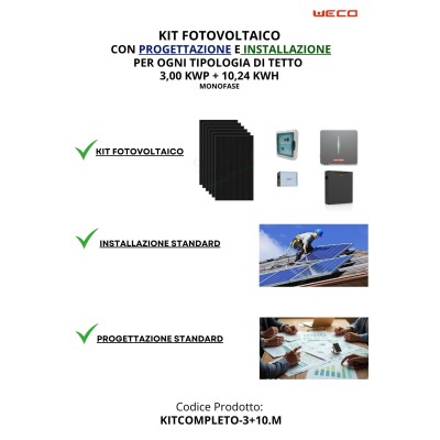 KIT 3,00 kWp + 10,24 kWh Fotovoltaico MONOFASE "CHIAVI IN MANO"